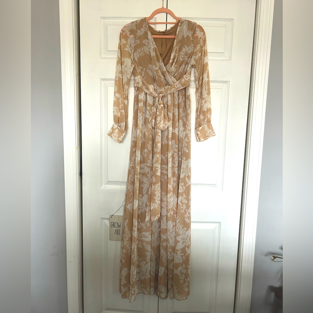 Floral Beige and White Long Sleeve Dress